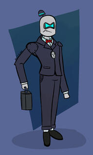 A variant of my OC/persona, Quad-B, as a law-bot from Toontown.